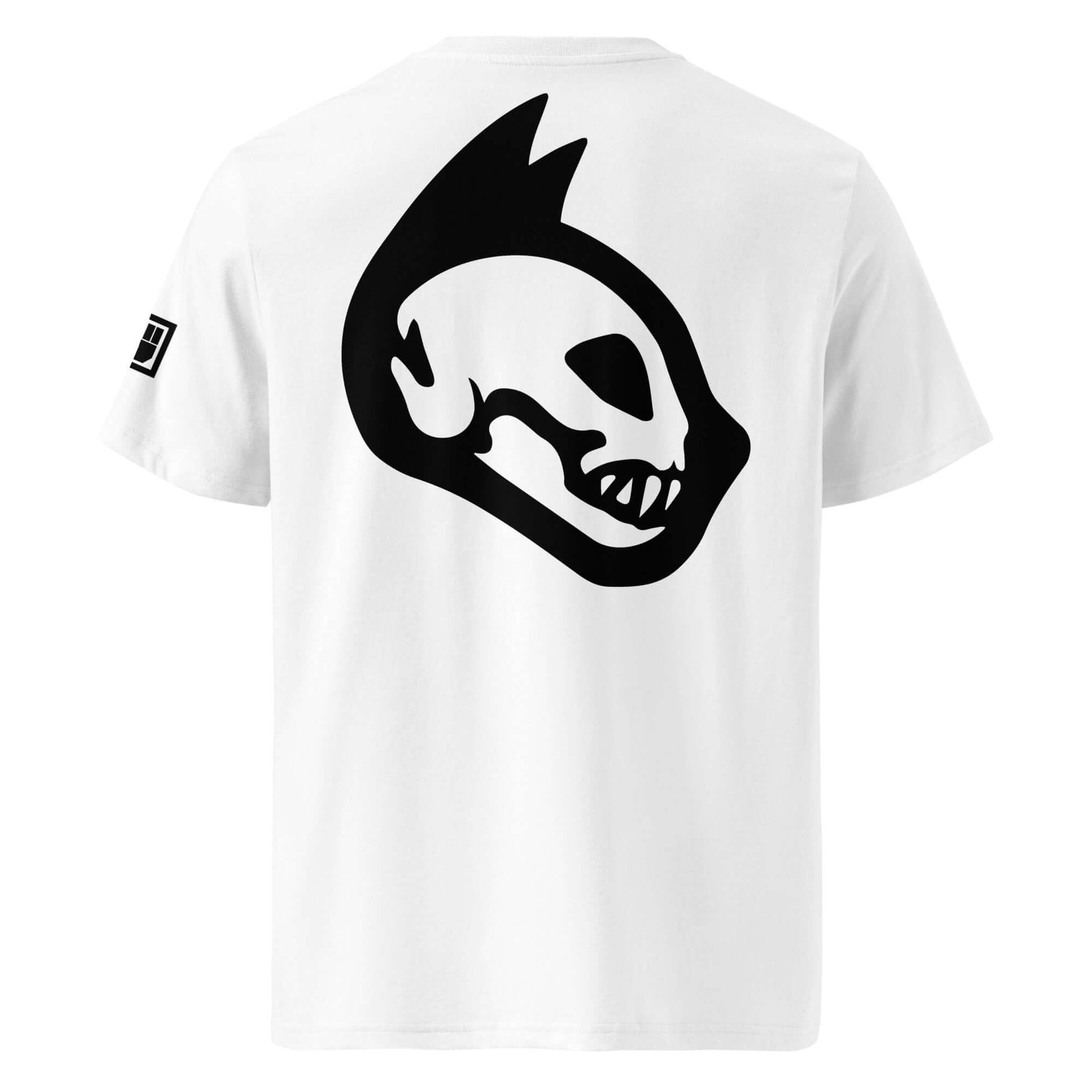 White t-shirt with a black catskull design on the back against a white background