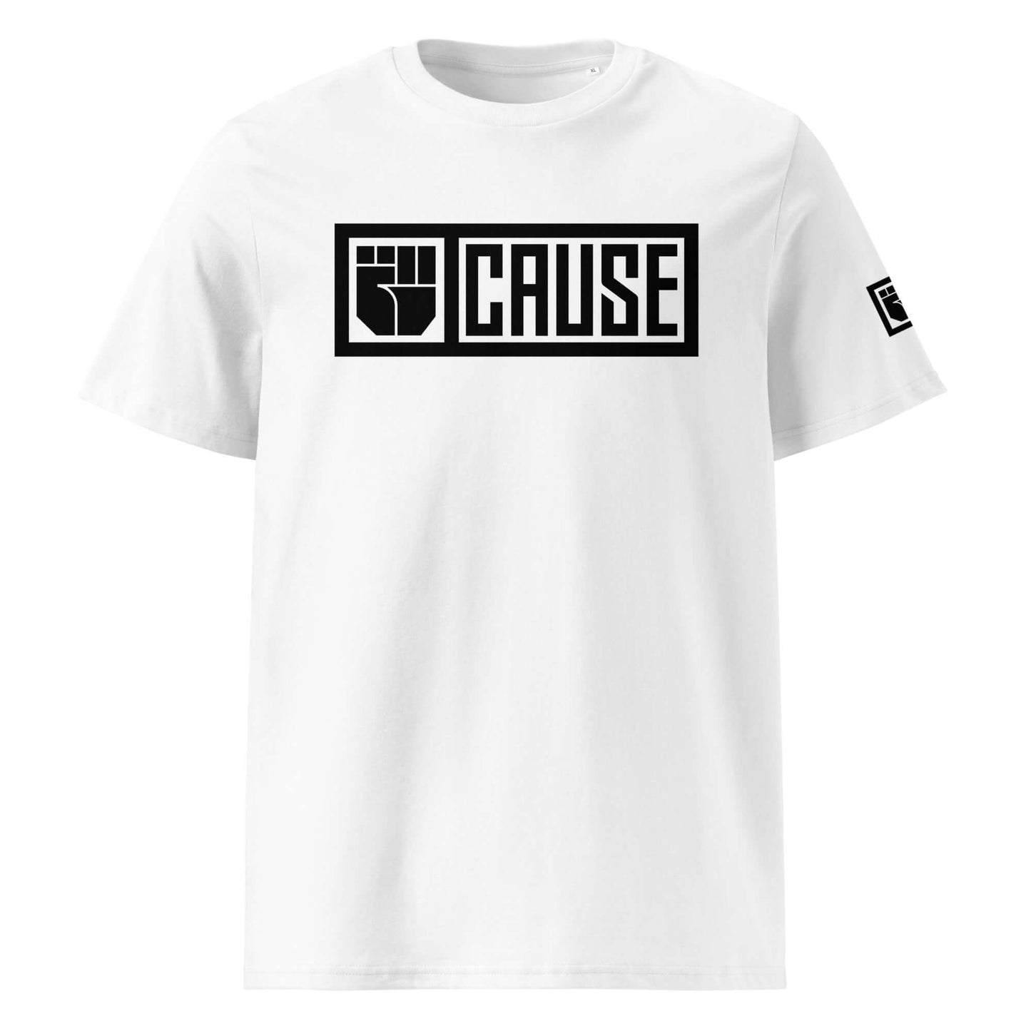 White t-shirt with black logo and text on a white background