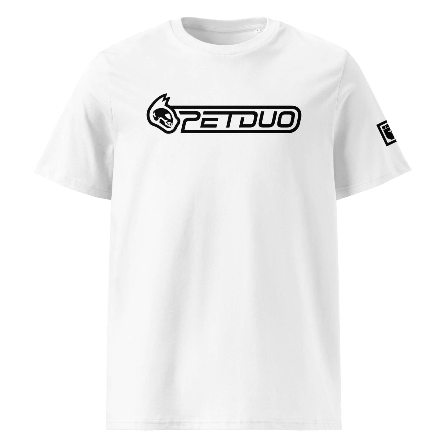 White t-shirt with black logo on a white background
