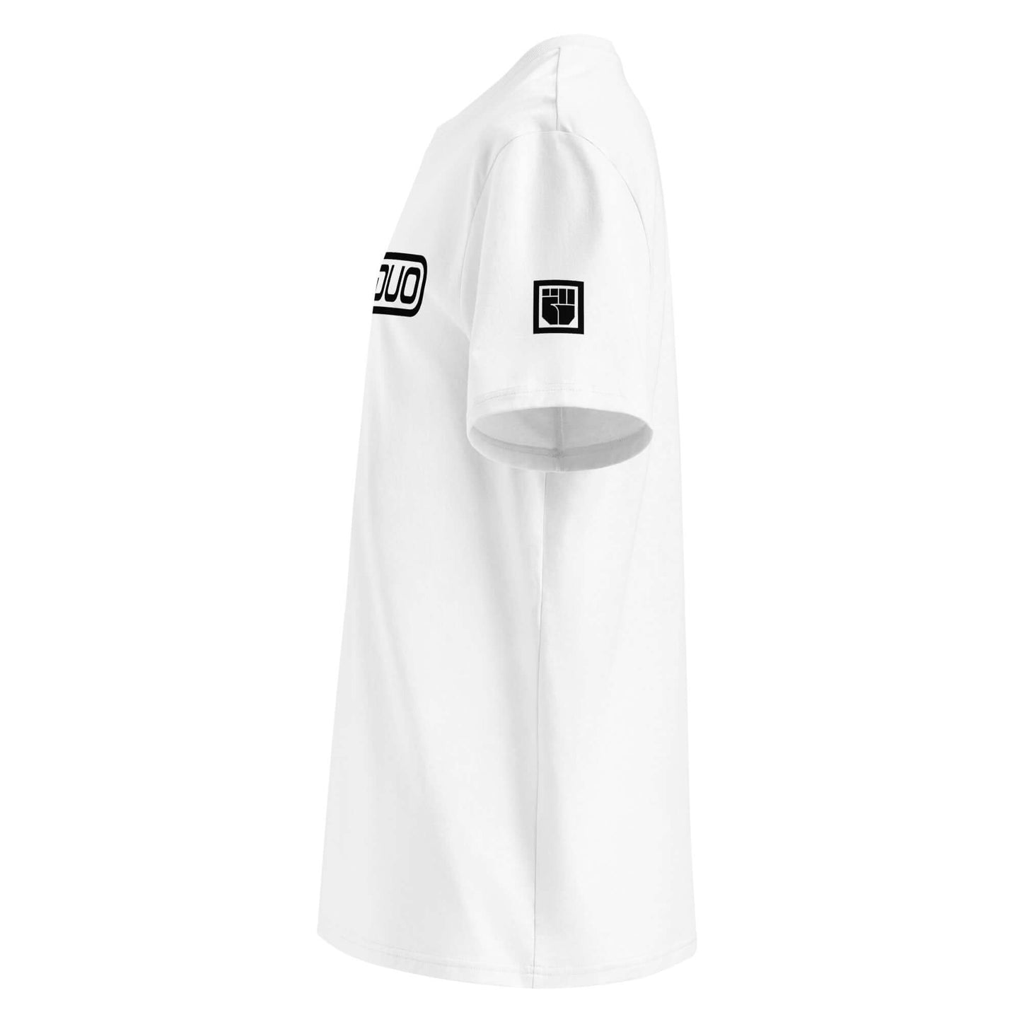 White t-shirt with black logo on a white background