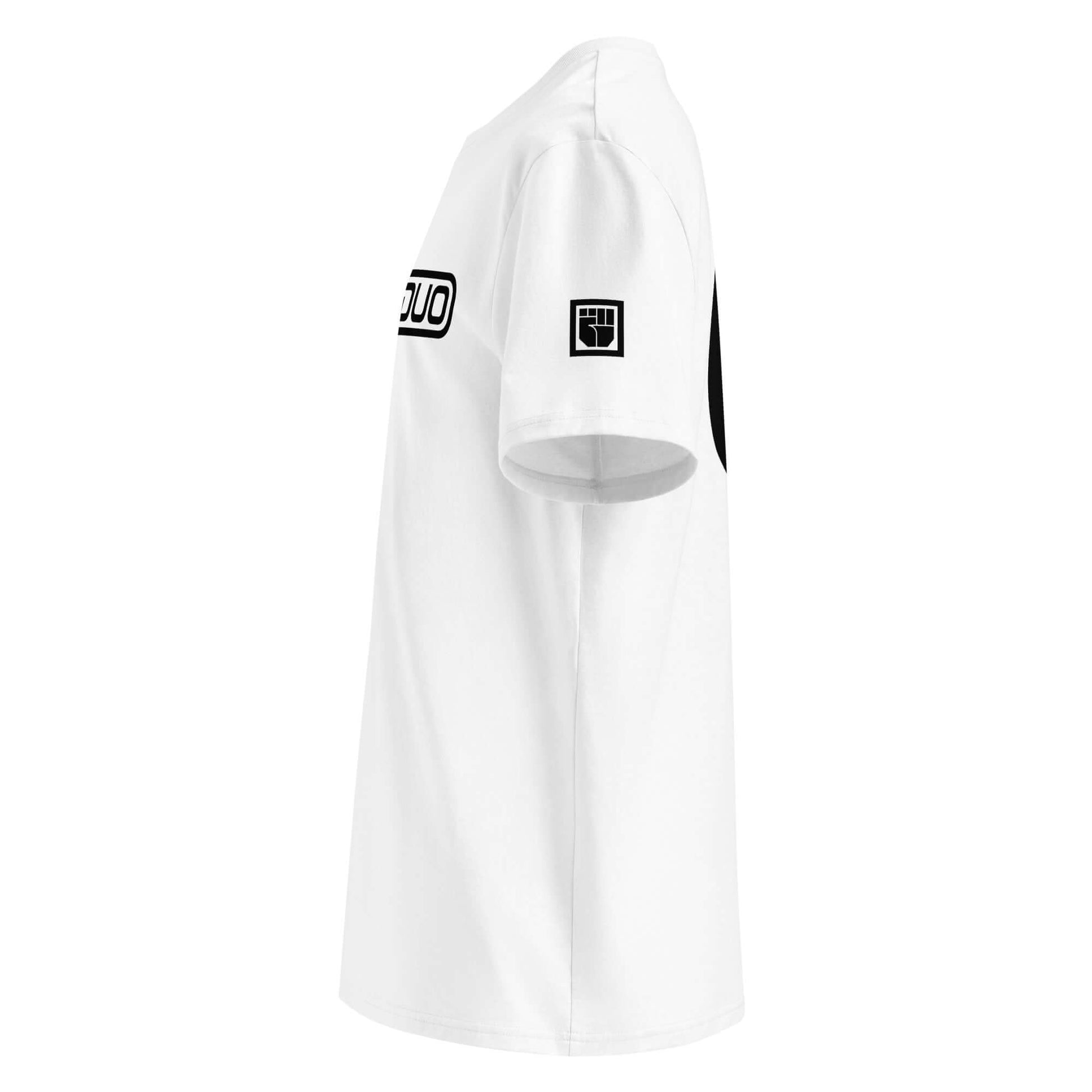 White t-shirt with black logo on a white background